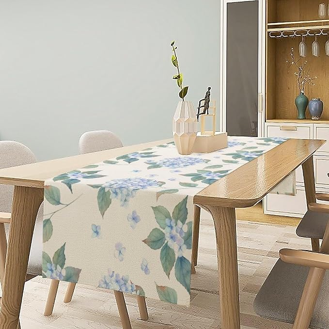Spring Hydrangea Flower Table Runner, Seasonal Summer Plants Watercolor Blue - Image 2