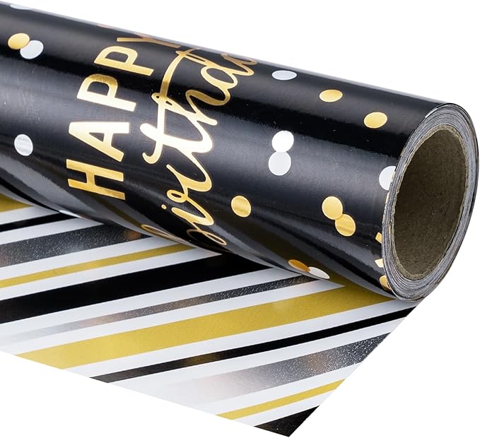 LeZakaa Reversible Black Birthday Wrapping Paper Roll by LeZakaa