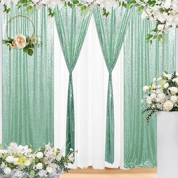 Eternal Beauty Sequin Backdrop Curtains, 2x8 Ft-2 Panels Mint Green Back Drop - Image 6