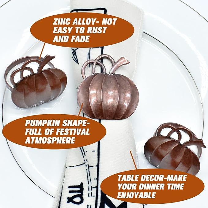 Halatool Pumpkin Napkin Rings Set of 12, Alloy Fall Napkin Rings Thanksgiving - Image 3