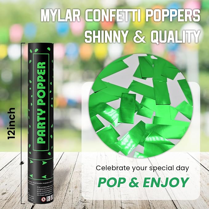 Party Poppers Confetti Cannon 12 Pack Green Poppers 12 Inch Party Shooters - Image 4