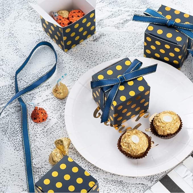Navy Blue Gift Candy Box with Gold Dots Bulk 2x2x2 inches with Ribbon Party - Image 6