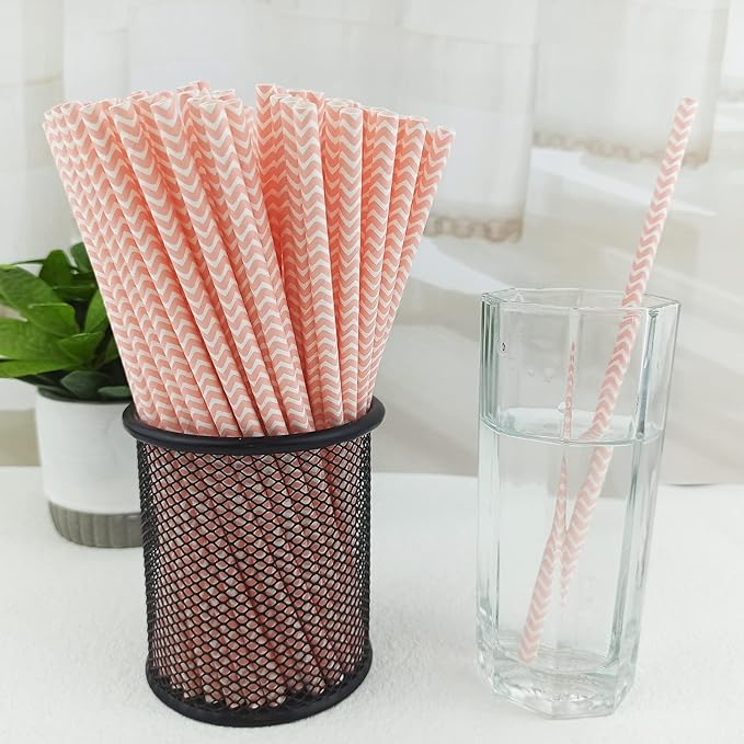 YAOSHENG Premium Disposable Waves Striped Drinking Paper Straws, Pack 100 Pink - Image 2