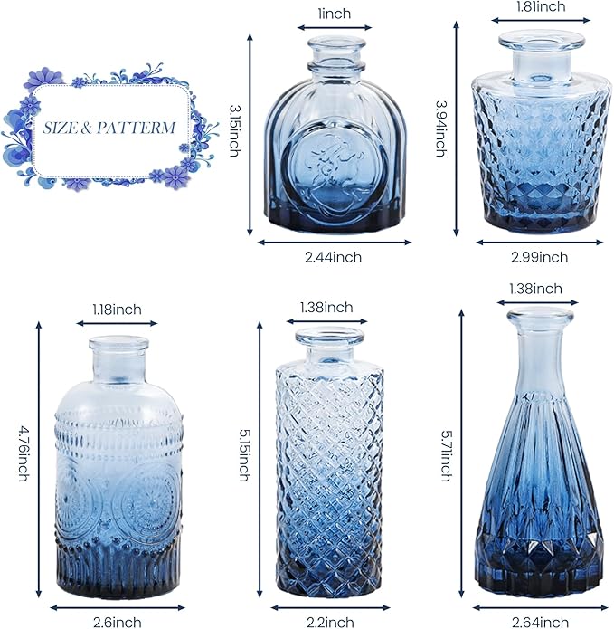 Navy Blue Glass Bud Vases Set of 5, Mini Flower Vase - Image 6