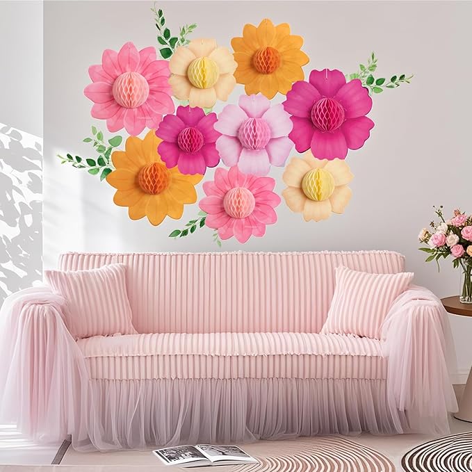 SUNBEAUTY 9 PCS Hot Pink and Orange Party Decorations Fall Large Hanging Paper - Image 8