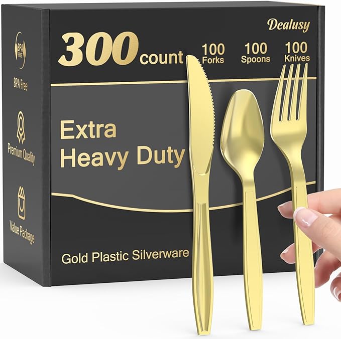 300 Count Extra Heavy Duty Gold Plastic Silverware, 100 Forks, 100 Spoons by Dealusy
