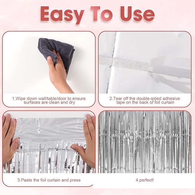 4 Pack Silver Foil Fringe Backdrop Curtains, Tinsel Streamers Birthday Party - Image 4