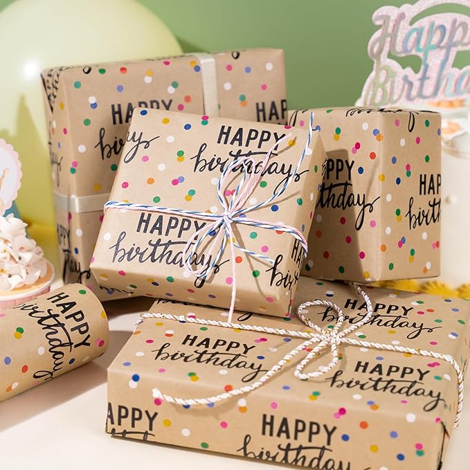 LeZakaa Birthday Kraft Wrapping Paper Roll, Happy Birthday Lettering & Colored - Image 7