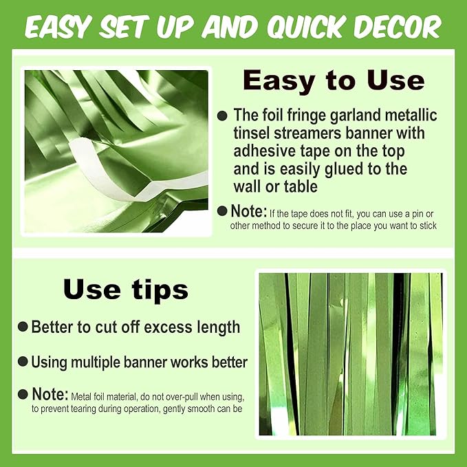4 Pack 10 Ft Light Green Foil Fringe Garland Metallic Streamers Tinsel Banner - Image 3