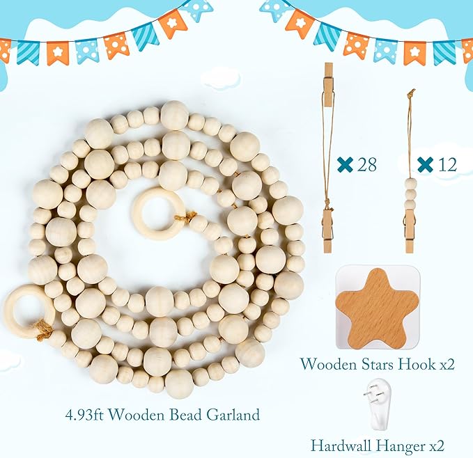 KOLLIEE Kids Artwork Display Art Wall Decor 4.93ft Boho Wooden Beaded Garland - Image 4