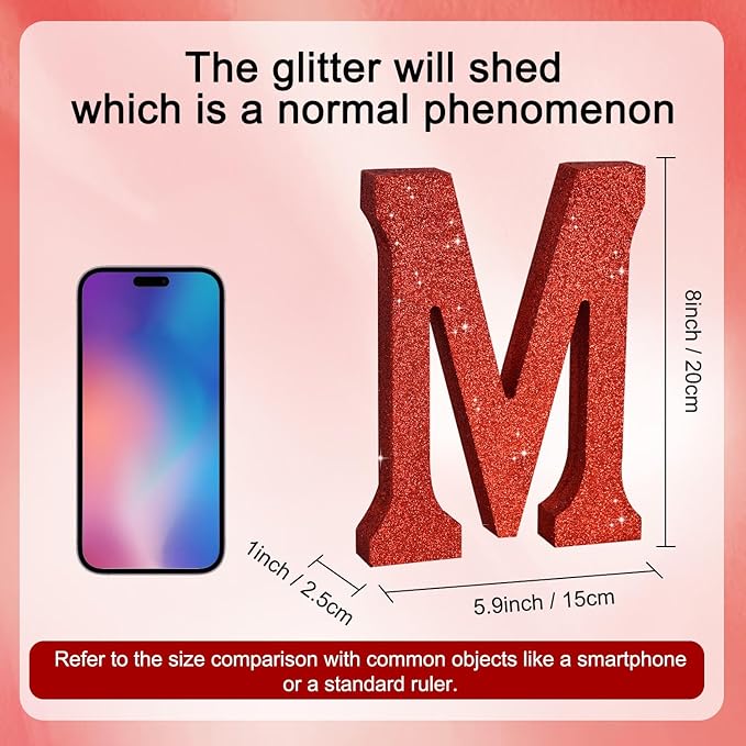 TONIFUL 8 Inch Red Glitter Letter M Table Centerpiece A-Z Red Birthday Party - Image 2