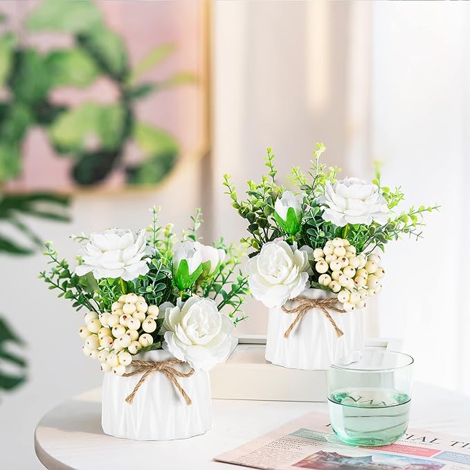 BLOSMON Table Decor Artificial Flowers Vase 7 Inch Small Fake Flower White - Image 8