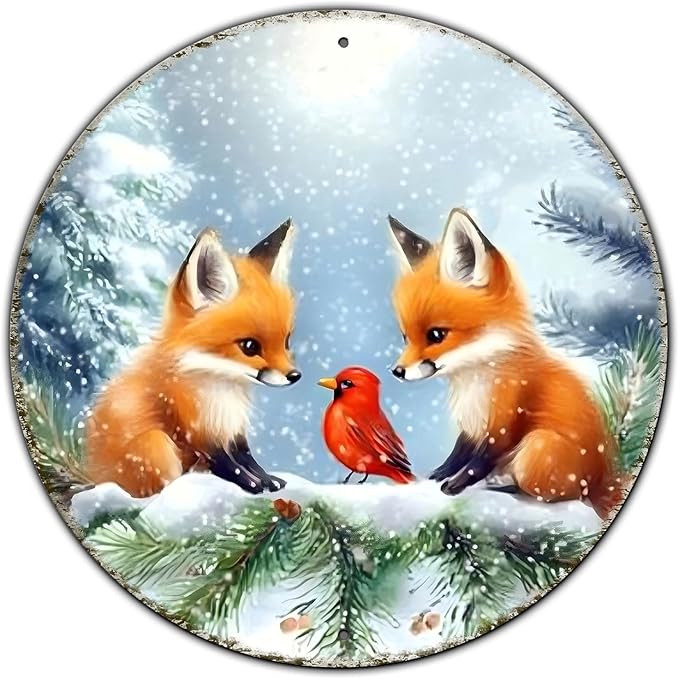 Christmas Round Fox Metal Tin Sign by GJXFTPTTBD