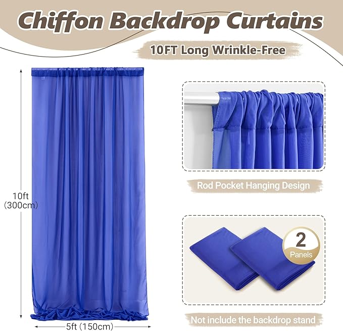 10ft x 10ft Royal Blue Backdrop Curtains, Wrinkle-Free Sheer Chiffon Fabric - Image 4