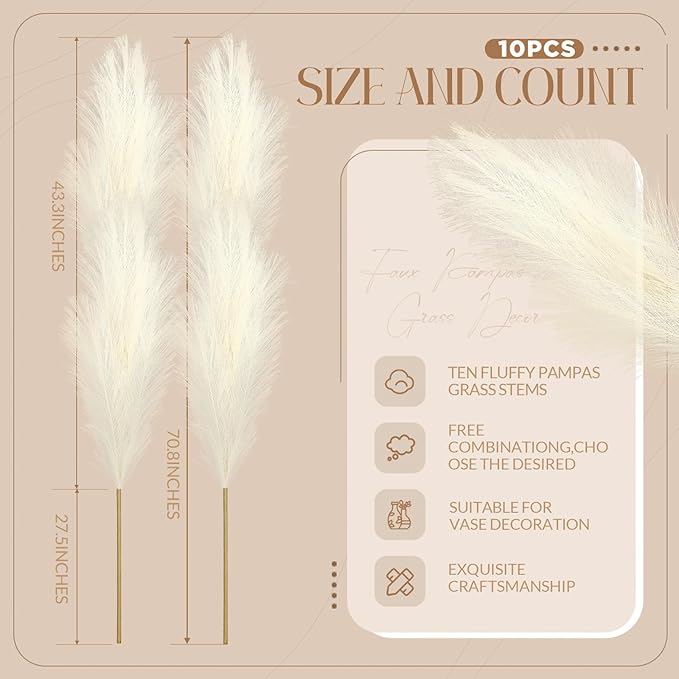 Zeyune 10 Pcs 71'' Large Faux Pampas Grass Decor Tall Artificial Pompous Grass - Image 2
