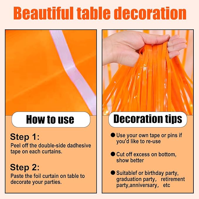 3 Pack 29 x108 Inch Macaron Orange Foil Fringe Table Skirts Metallic Banner - Image 3