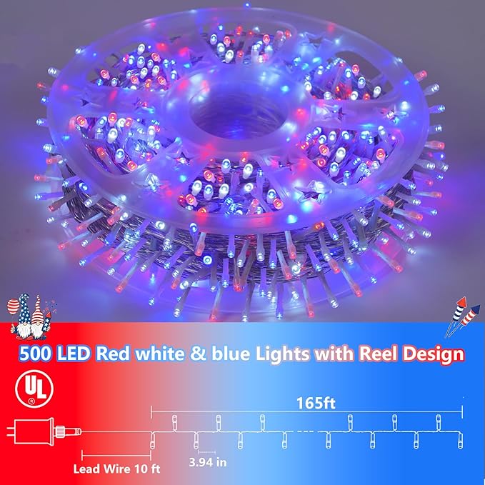 YEGUO 165ft 500 LED Red White and Blue Lights, 4th of July Decorations String - Image 2