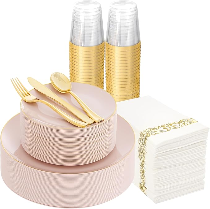 Supernal 350pcs Pink Plastic Plates, Plates Disposable Heavy Duty, 50 Dessert by supernal