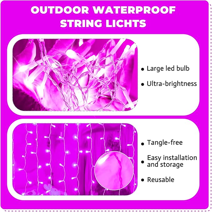 Curtain Light for Bedroom, 200LED 6.6x6.6ft Pink Window Wall Hanging Fairy - Image 2