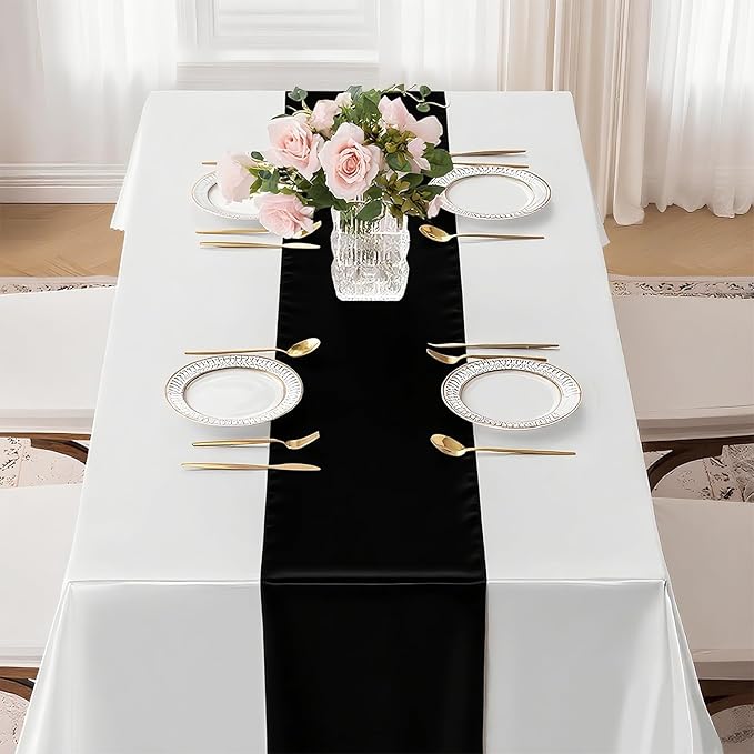 SHEJIZE 10 Pack Black Satin Table Runner 12x108 Inches Long, Bright Silky - Image 8