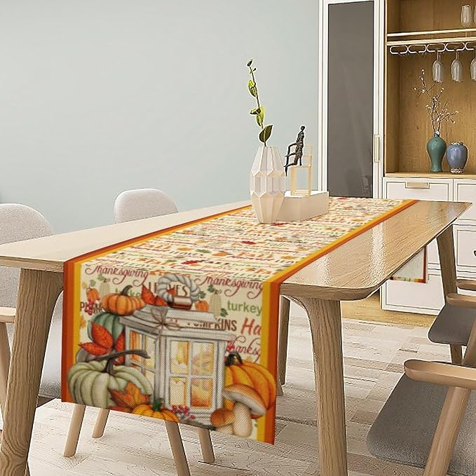 Autumn Table Runner, Farmhouse Leaves Pumpkin Thanksgiving Table Cloth - Image 2