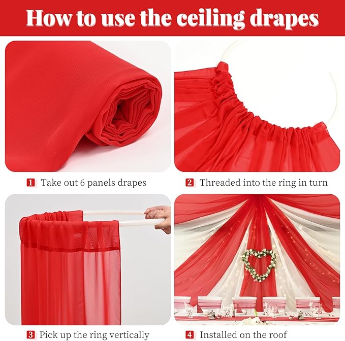 6 Panels Red Wedding Ceiling Drapes 5ftx30ft Ceiling Drapes Chiffon Fabric Arch - Image 4