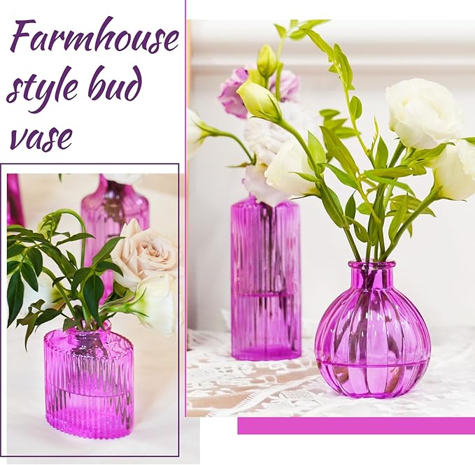 12PCS Hot Pink Vase for Flowers, Small Glass Bud Vases for Centerpieces Purple - Image 3