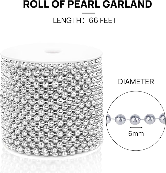 Craft String Pearls 6MM Pearl Bead, 66 Feet Silver Faux Pearl Garland Spool - Image 4