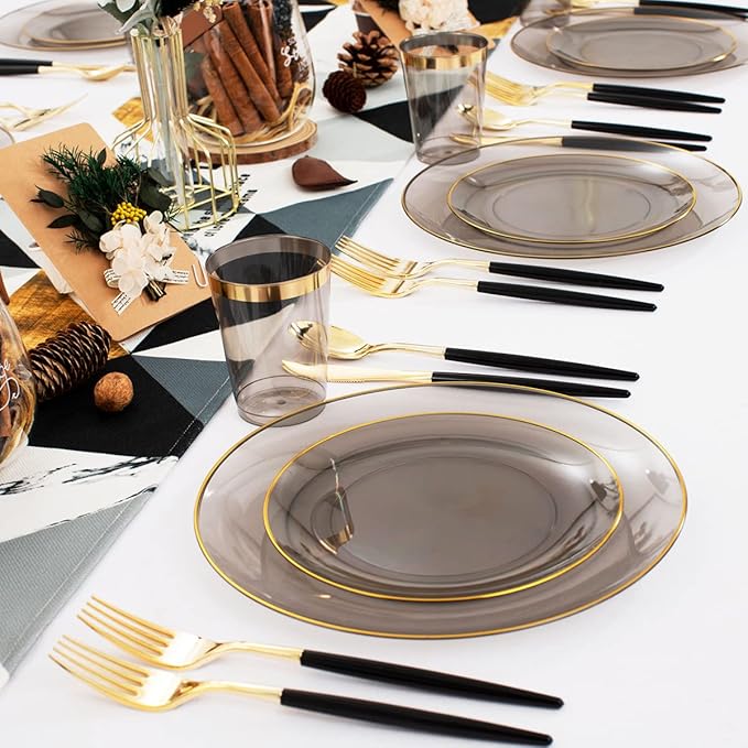 Supernal 180pcs Black Plastic Dinnerware Set Include Gold and Black Plates - Image 6