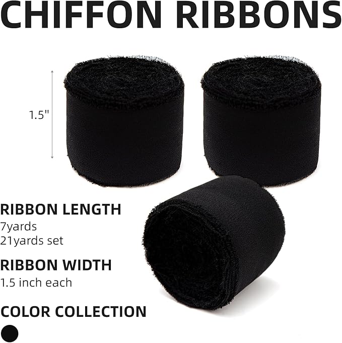 3 Rolls Black Handmade Chiffon Ribbon, 1.5" x 21Yd Frayed Fringe Silk Ribbons - Image 2