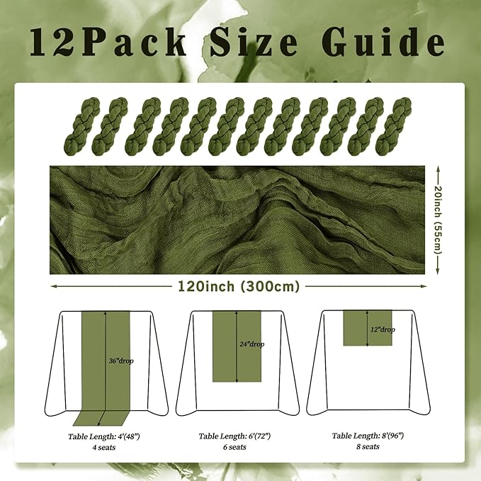 12 Pack Olive Green 10FT Cheesecloth Table Runner Rustic Gauze Cheese Cloth - Image 2