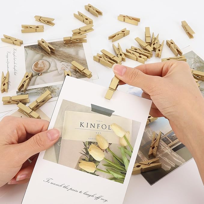 100 Pcs Gold Wooden Pins, 1.38 Inch Tapestry Clothes Pins Wall Clips Photo - Image 3