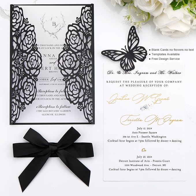50pcs Black Wedding Invitation Kit Butterfly Laser Cut Invittations Pocket - Image 4