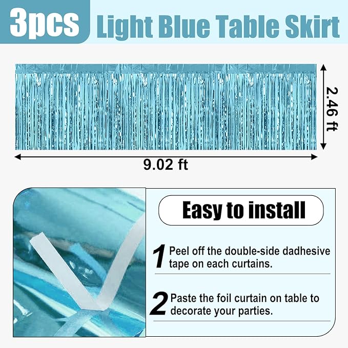 3 Pack 29x108 Inch Light Blue Foil Fringe Table Skirts Metallic Banner - Image 2