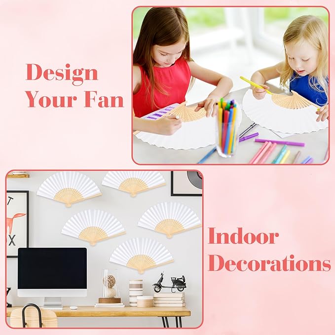 12 Pieces White Hand Held Bamboo Folding Fans Paper Fans Handheld - Image 4