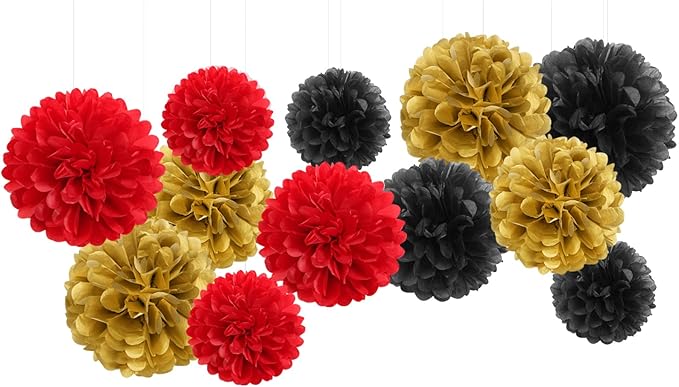 Red-Black Gold Party-Decorations Tissue Pom-Poms by Panduola