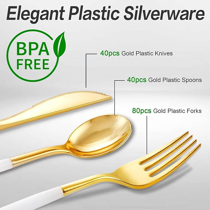 SUT Gold Plastic Silverware, 80 Gold Plastic Forks, 40 Gold Knives, 40 Gold - Image 4