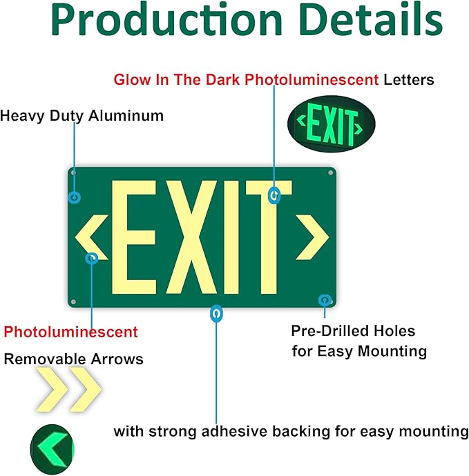 Photoluminescent Exit Sign, Glow In The Dark Aluminum Exit Sign Green - Image 3