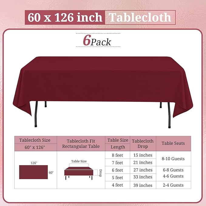 6 Pack Burgundy Tablecloths for 8ft Rectangle Tables 60 x 126 Inch - Image 2