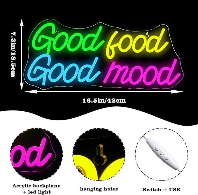Looklight Good Food Good Mood Neon Sign, Letter Neon Signs - Image 2