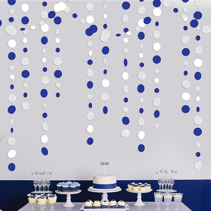 46 Feet Navy Blue White and Silver Circle Dots Garland Royal Blue Hanging Paper - Image 5