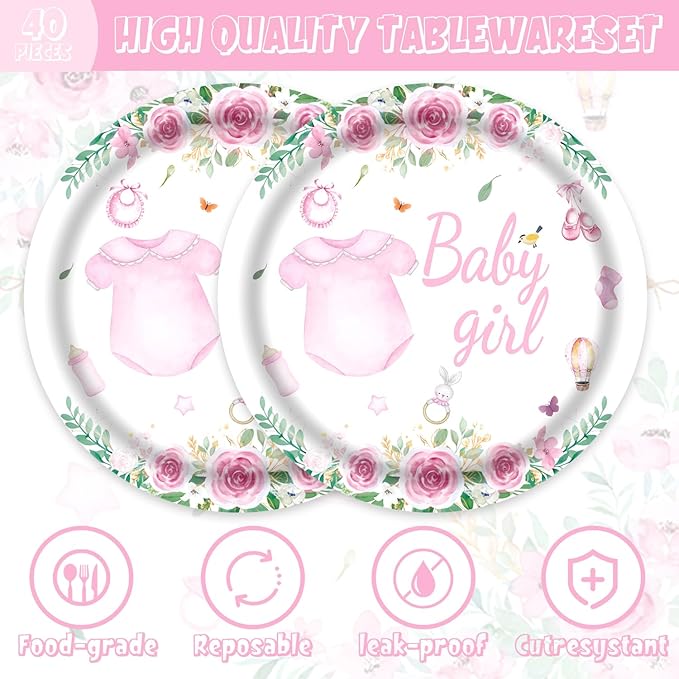 40pcs Pink Floral Baby Shower Decorations Girl Gender Reveal Supplies, Spring - Image 3