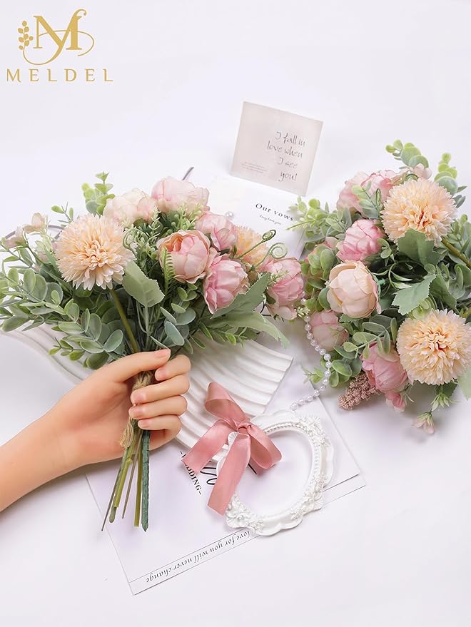 Meldel 3Pcs Peony Bouquet Light Pink Champagne Rose Artificial Flowers - Image 3