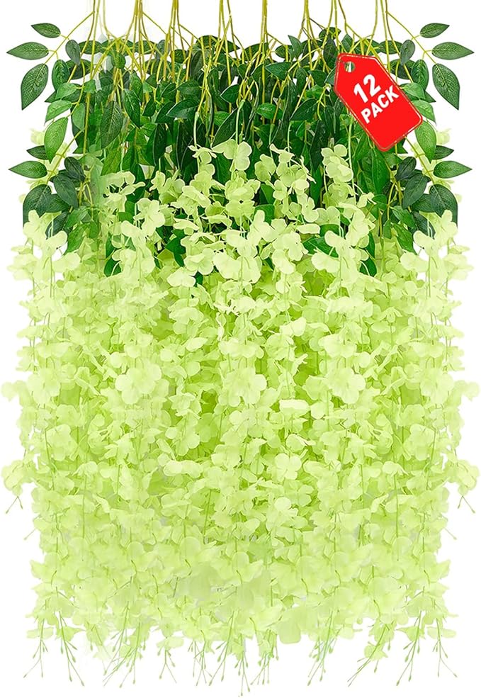 12 Pack Green Wisteria Hanging Flowers, 3.44 Ft Fake Hanging Flowers, by ZEBMOON