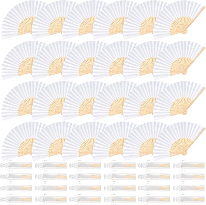 24 Pieces White Hand Held Bamboo Folding Fans Paper Fans Handheld by Bringsparkletoeverydaylife