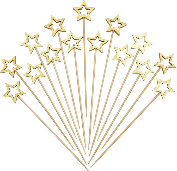 Minisland Big Gold Star Cocktail Picks, 5.5 Inch Long Bamboo Fancy Toothpicks by Minisland