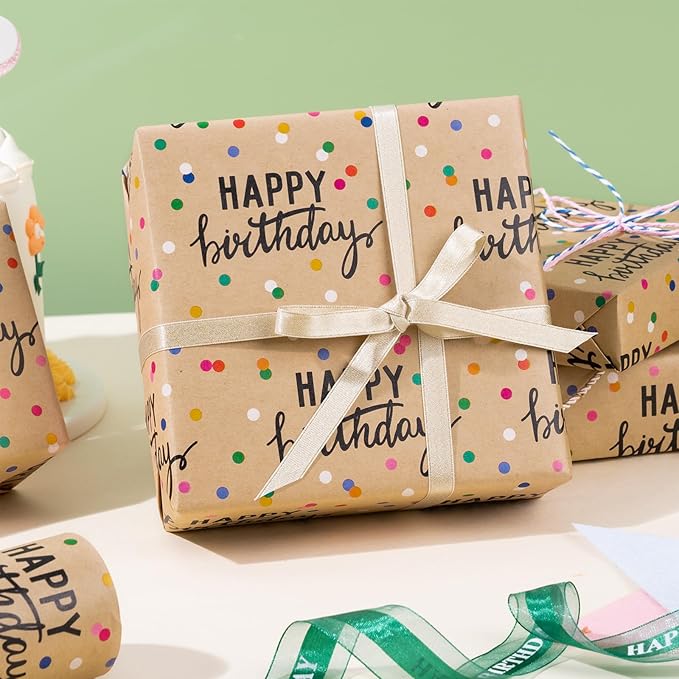 LeZakaa Birthday Kraft Wrapping Paper Roll, Happy Birthday Lettering & Colored - Image 2