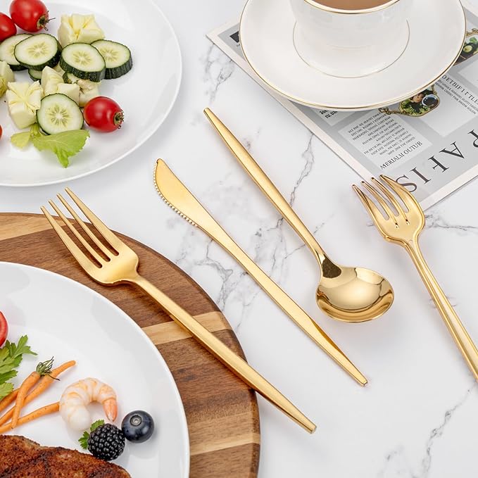 PULOTE 300PCS Gold Plastic Silverware Set Disposable - Image 5