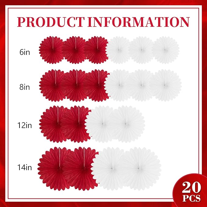20 Pcs Red White Hanging Paper Fan, Hanging Honeycomb Round Paper Fans - Image 2