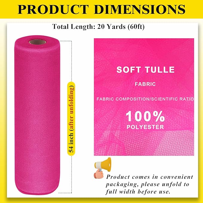 54" by 20 Yards Hot Pink Tulle Fabric Rolls - Image 3